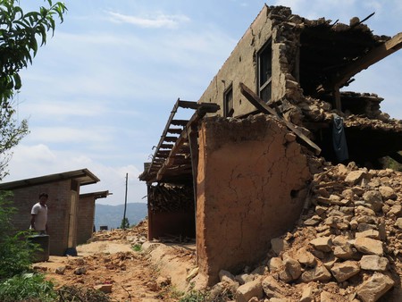 Two toilets and water systems survive in the village of Bhattendanda, Nepal, but all houses are destroyed.
