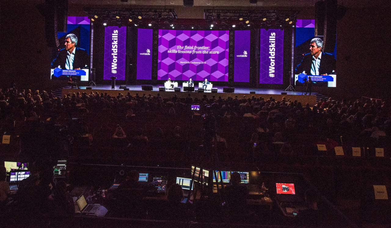 A wide shot of the stage and auditorium for WorldSkills Conference 2019, which took place 23-24 August 2019 in Kazan, Russia.