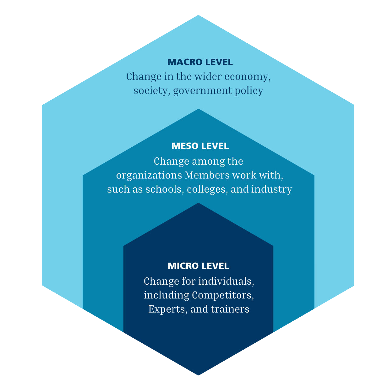 Diagram showing macro, meso, and micro levels of impact for WorldSkills.
