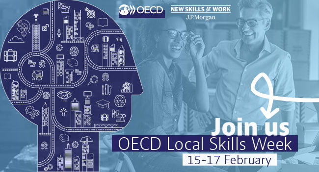 Flyer for OECD Local Skills Week virtual conference from 15 to 17 February 2022.