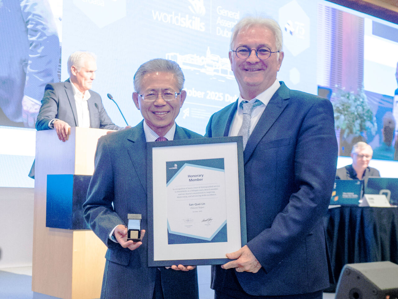 San-Quei Lin, Board member – Strategic Development, receiving recognition for his term on the WorldSkills Board at WorldSkills General Assembly 2025.
