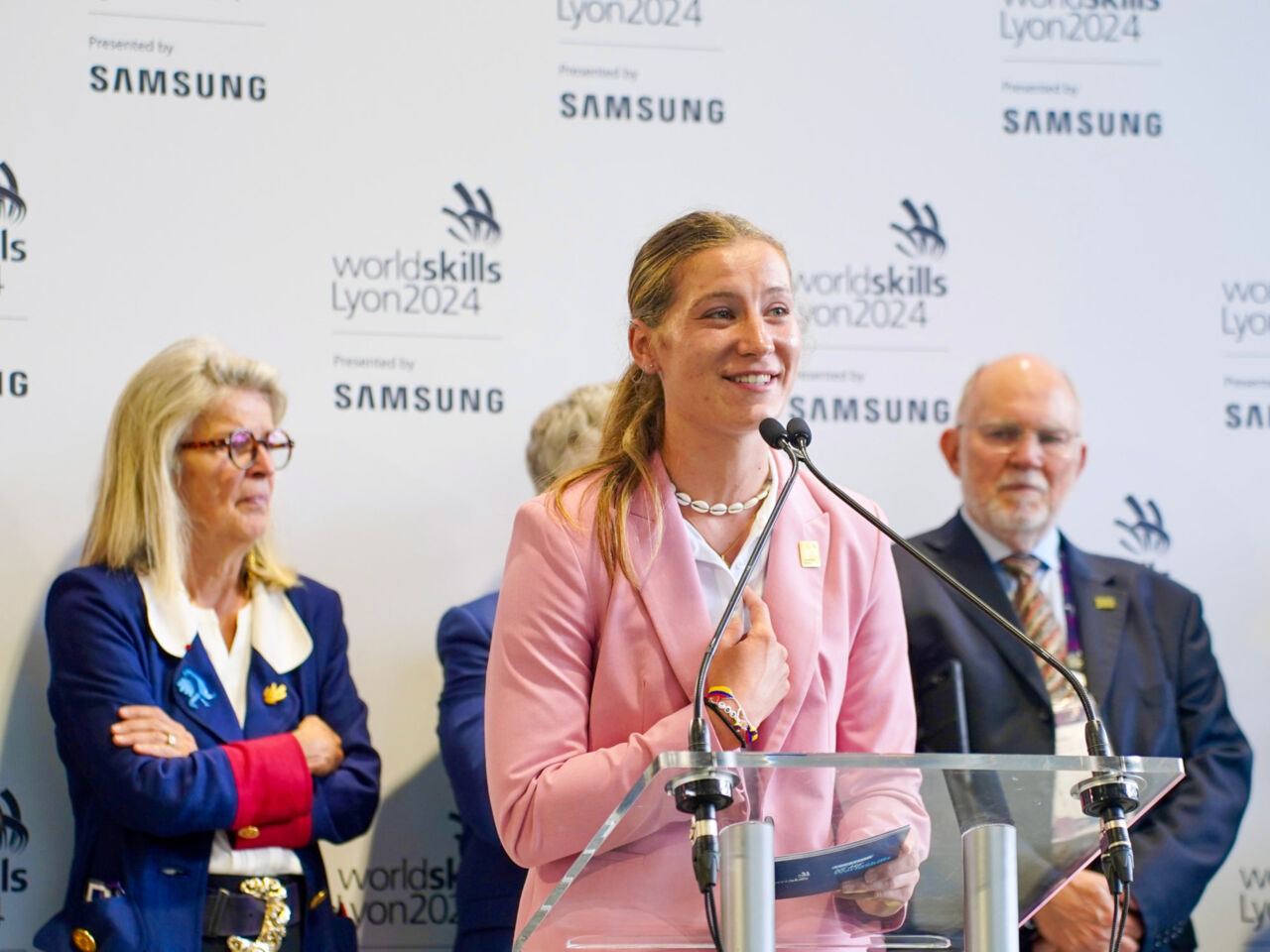 Cloe Lemaréchal, WorldSkills Champions Trust representative for Europe, speaking at the opening of the Samsung stand at WorldSkills Lyon 2024 on 11 September 2024.
