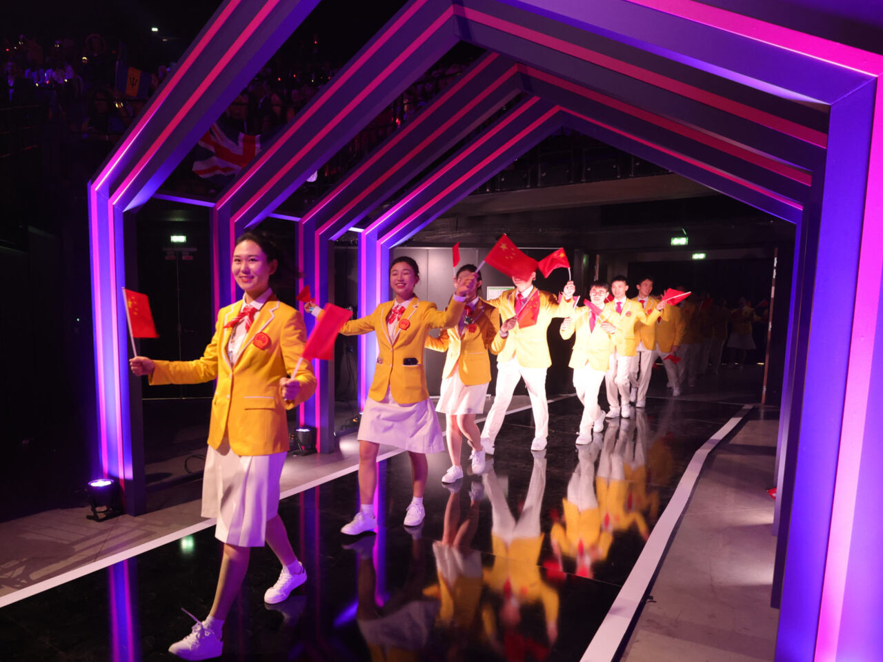 The Chinese team enters the stadium at the Opening Ceremony in Lyon on 10 September.
