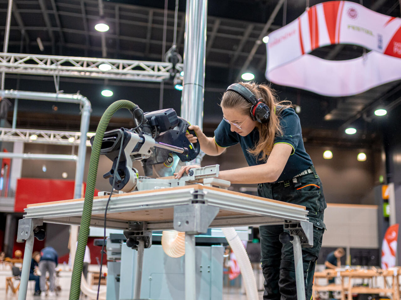 A competitor using a circular saw during SkillsPoland in Gdansk, 25-26 November 2021.
