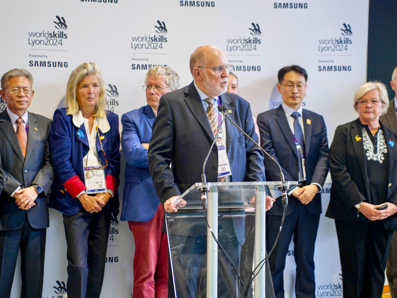 Chris Humphries, President of WorldSkills, speaking at the opening of the Samsung stand at WorldSkills Lyon 2024 on 11 September 2024.
