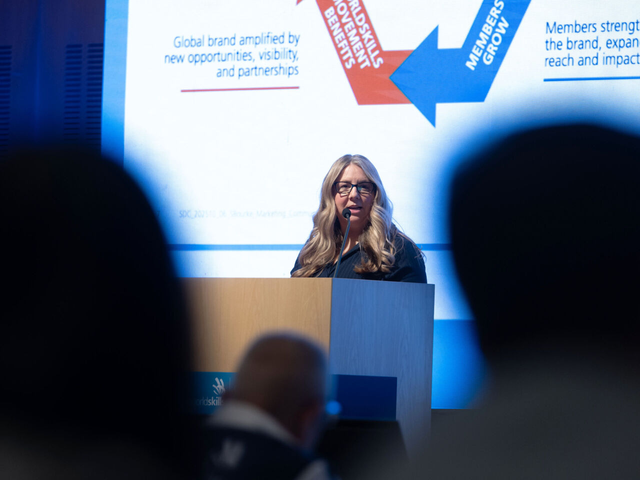 Shawna Bourke, Director of Marketing and Communications, WorldSkills International on stage during the MarCom Working Group on day 3 of WorldSkills General Assembly 2025 in Dubrovnik, Croatia.
