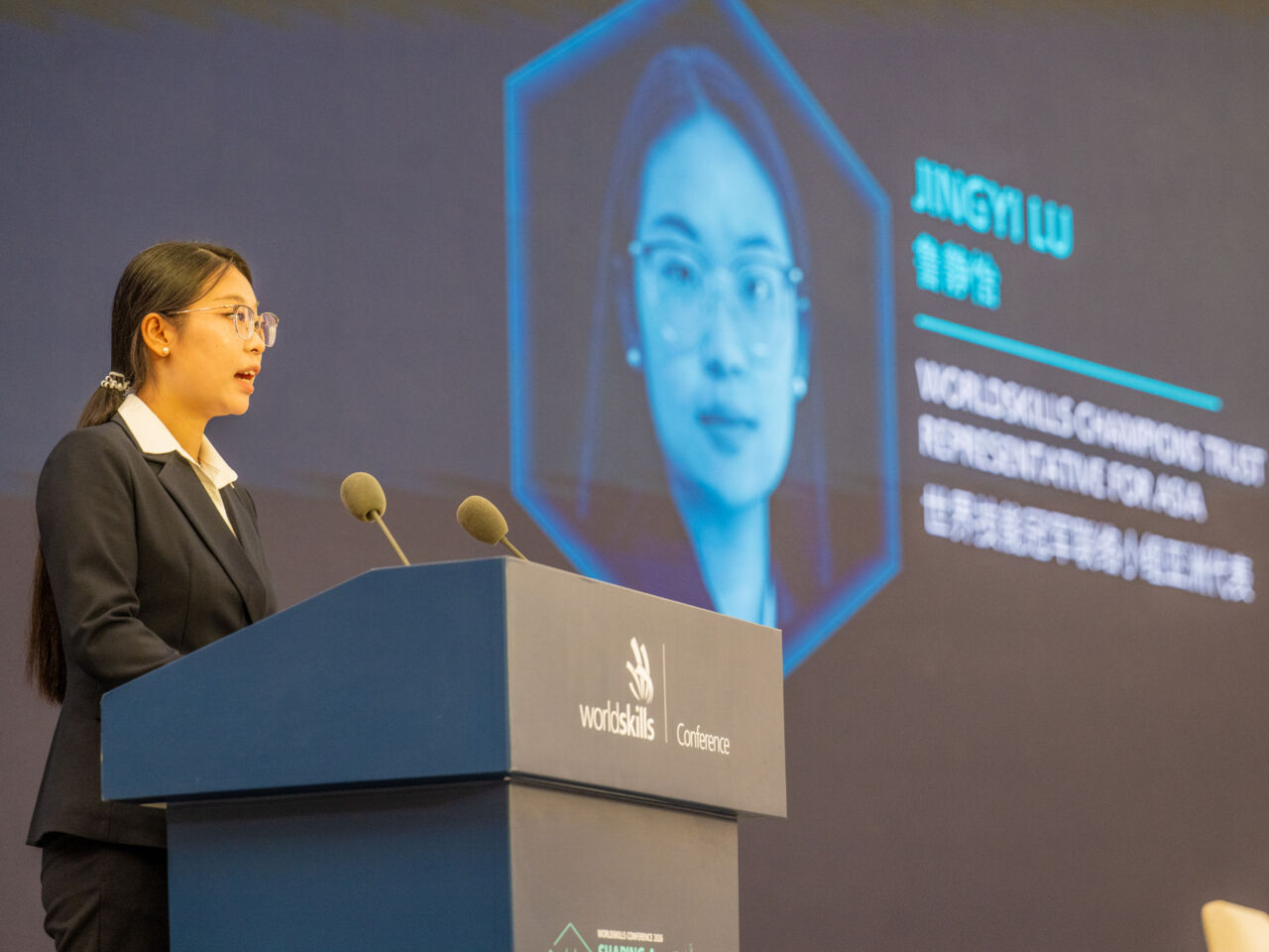 Jingyi Lu, WorldSkills Champions Trust representative for Asia, addressing WorldSkills Conference 2026.