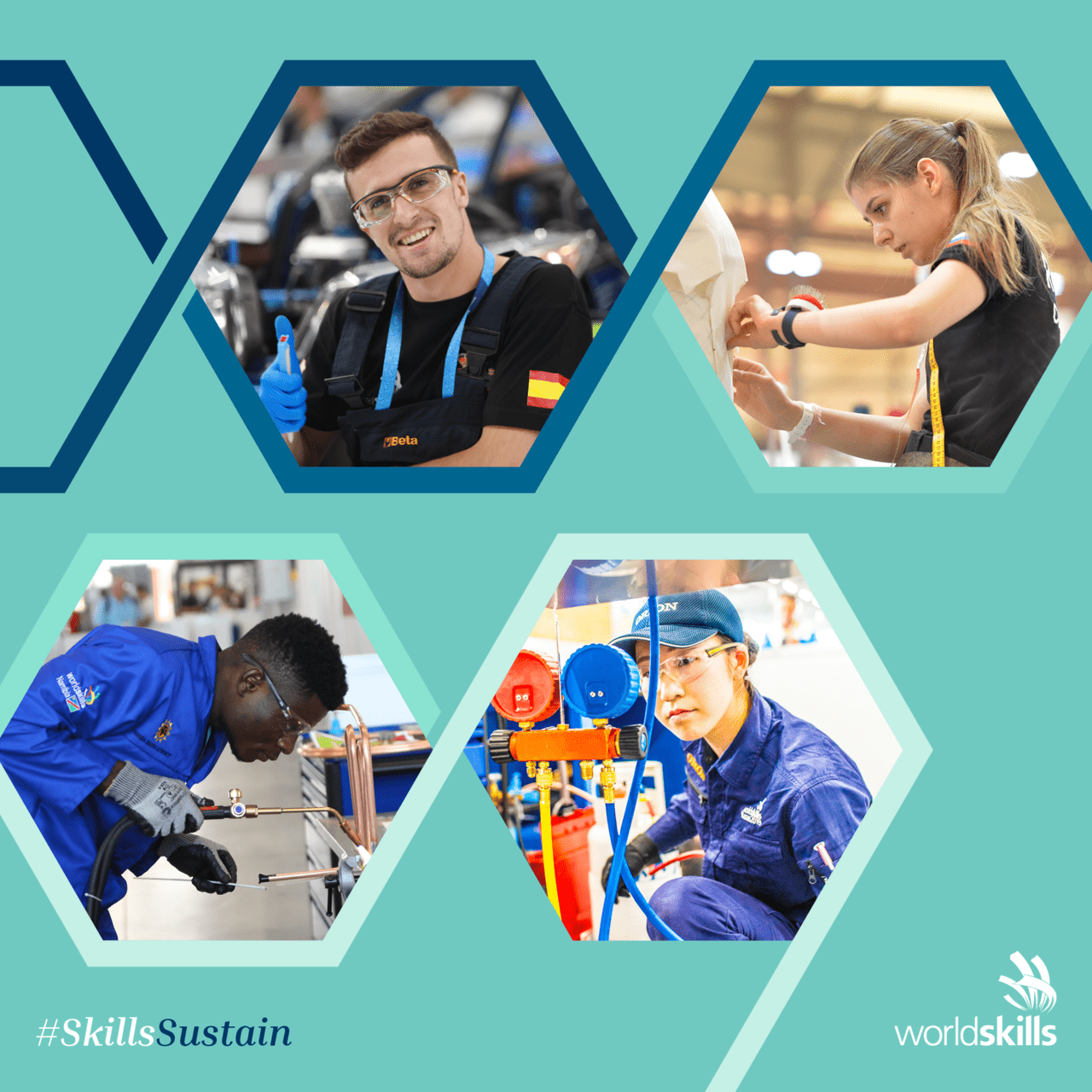 A promotional image for WorldSkills content theme in April 2021 - #SkillsSustain on the importance of sustainability as a concern for everyone.