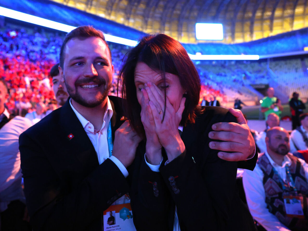 A competitor celebrates during the EuroSkills Gdańsk 2023 Closing Ceremony at the Polsat Plus Arena Gdańsk.