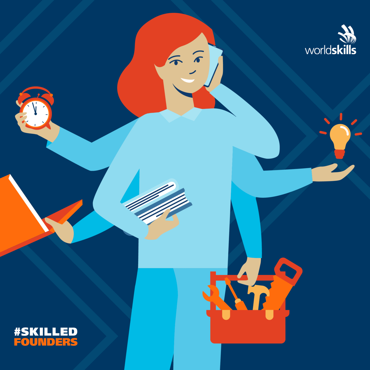 Cartoon animation representing a female entrepreneur for the #SkilledFounders visual identity campaign in May 2021.