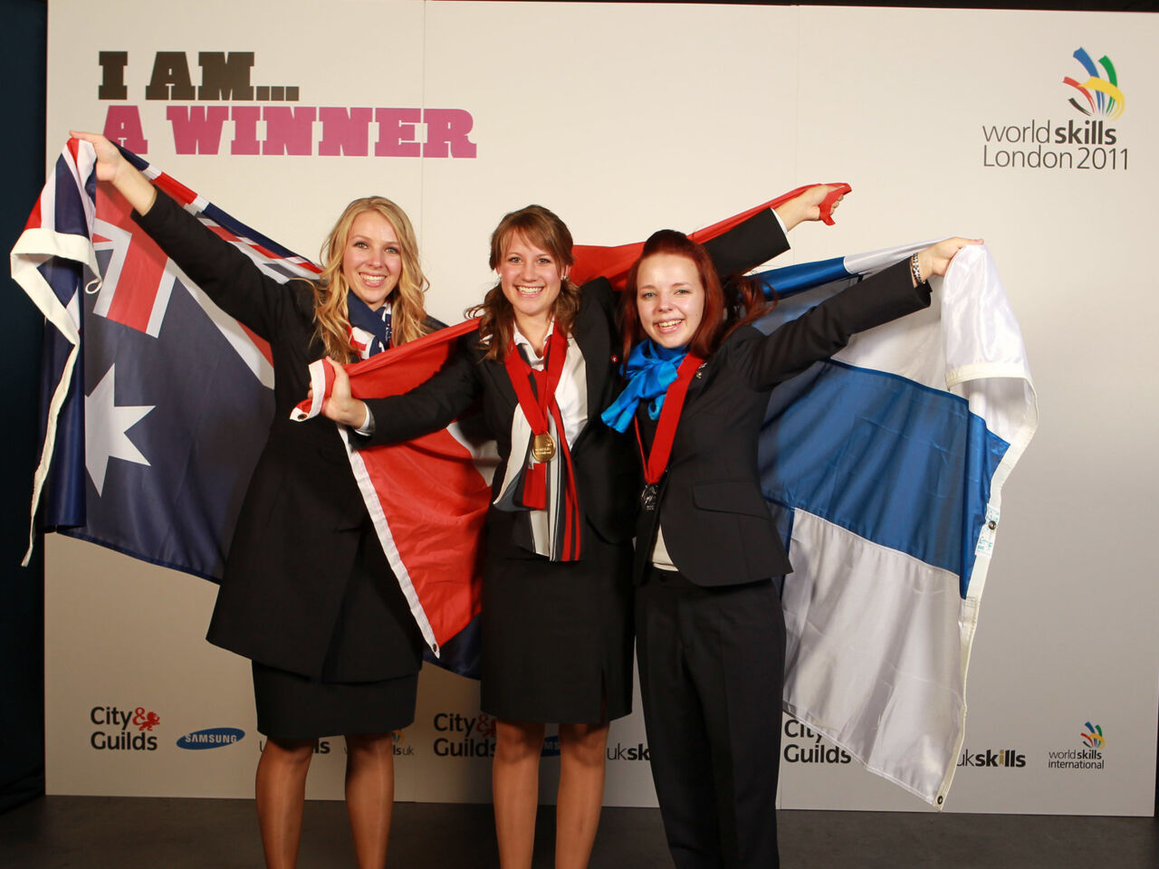 Sabrina Böni Keller celebrating with other medal winners at WorldSkills London 2011.