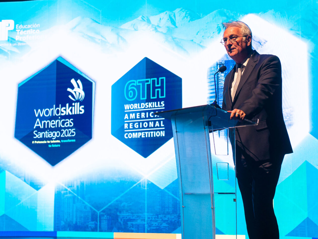 Francis Hourant, President of WorldSkills International, one stage during the Opening Ceremony of WorldSkills Americas Santiago 2025.
