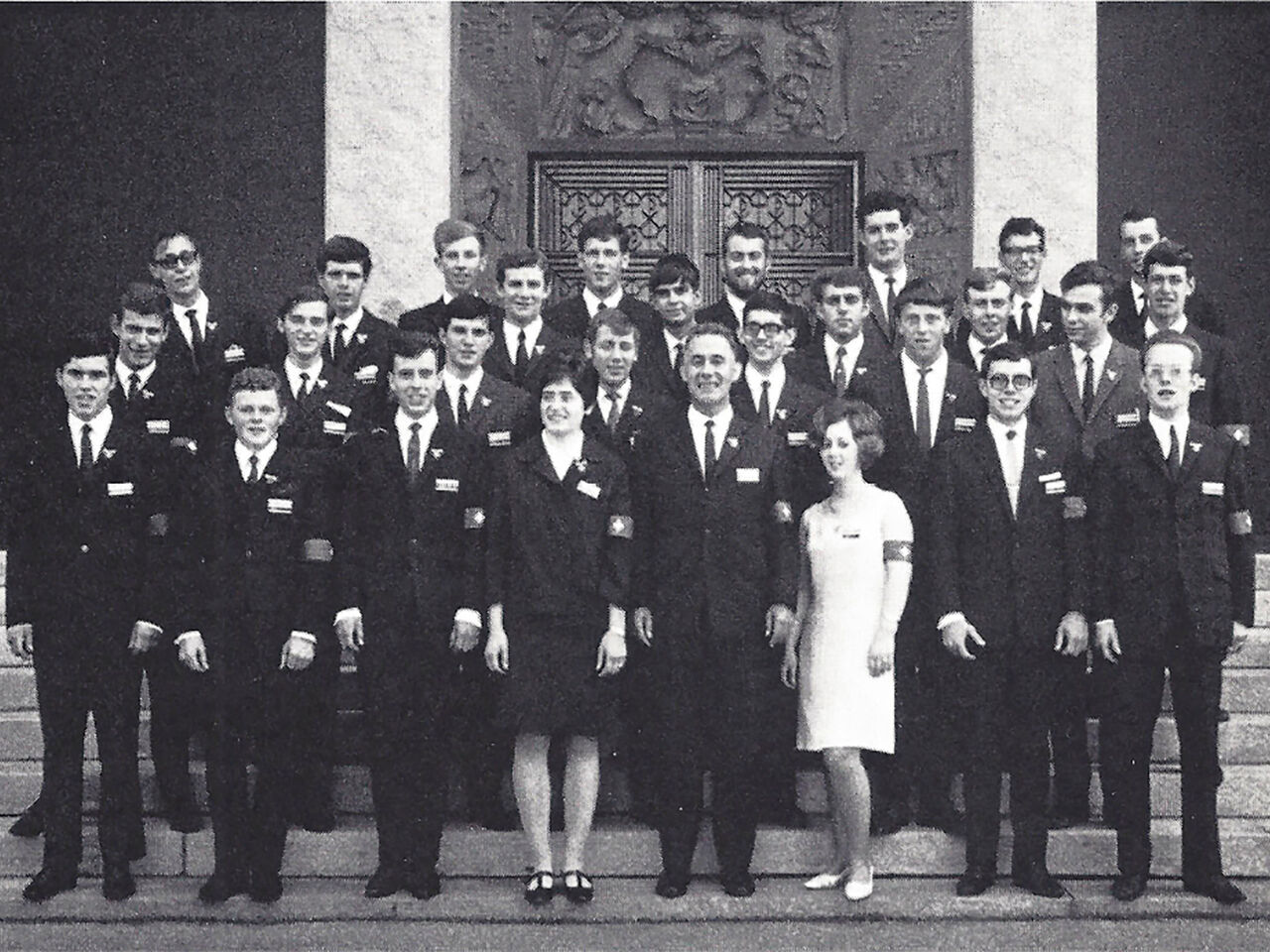 A group photograph of Swiss competitors and/or medal winners at 1968 Bern.