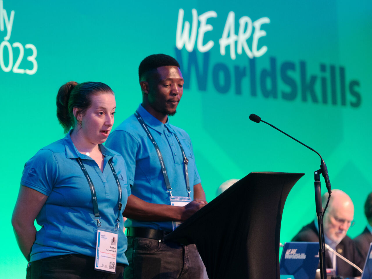 Rachel Crawford speaking to WorldSkills Members at the WorldSkills General Assembly 2023 in Dublin.