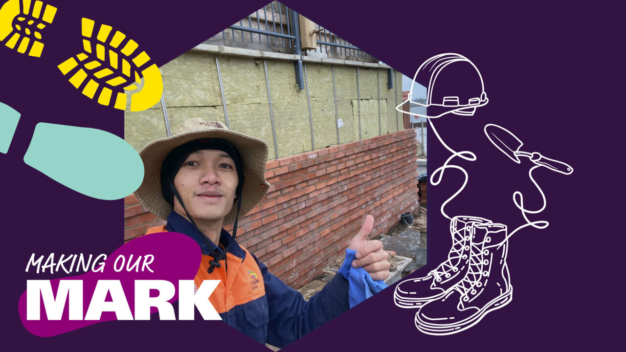 Malaysian bricklayer, Muhamad Din, giving the thumbs up as part of the Making Our Mark series.